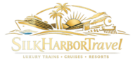 SilkHarborTravel logo in gold with a luxury travel emblem, premium brand mark for trains, cruises, and five-star resorts
