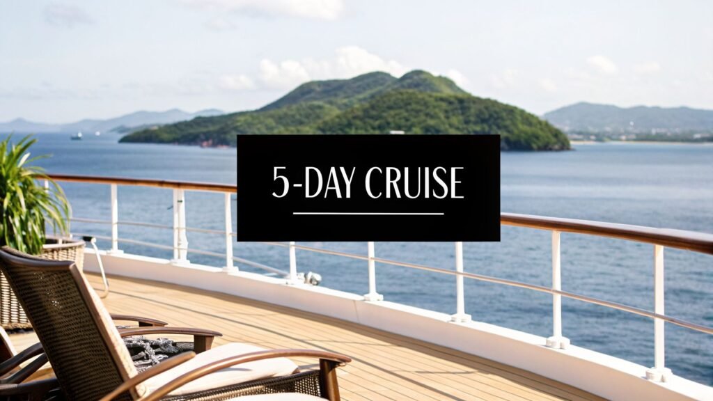 Cruise ship deck with lounge chairs overlooking tropical islands and ocean, illustrating a 5 day Caribbean cruise.
