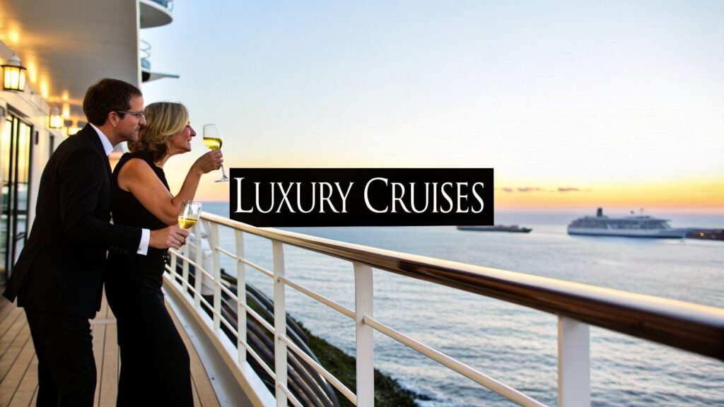 Best cruise lines for couples: a couple sipping wine on a luxury cruise balcony at sunset with ships on the horizon.