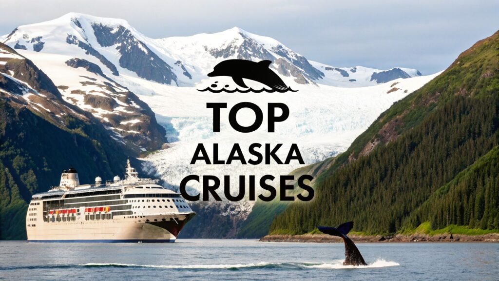 Luxury cruise ship sailing through an Alaskan fjord with a breaching whale tail and glacier-covered mountains, illustrating the best cruise ship to Alaska.