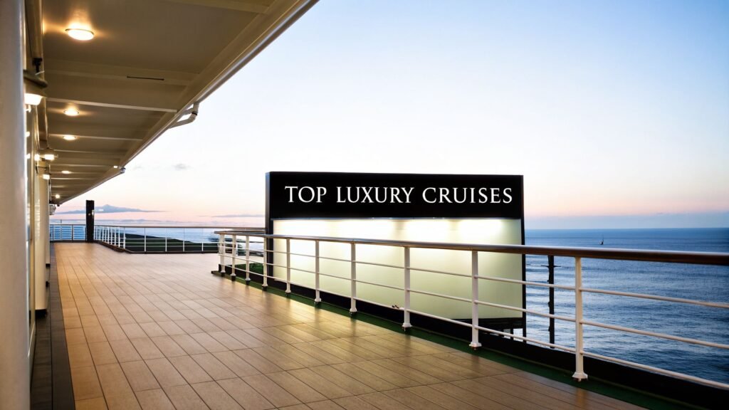Wide luxury cruise ship deck at sunset with ocean views and a “Top Luxury Cruises” sign, featuring best luxury cruise lines ambience.