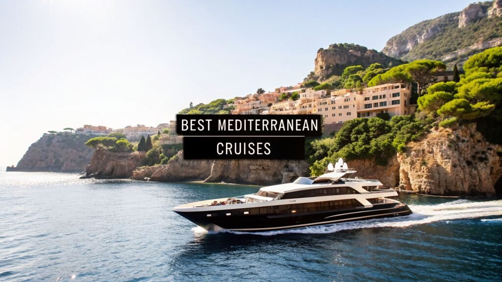 Luxury yacht cruising along a scenic Mediterranean coastline, illustrating best mediterranean cruise itineraries.