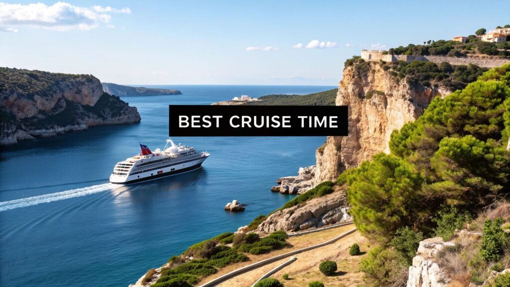 Cruise ship sailing through a Mediterranean bay between dramatic cliffs, showing the best time of year for mediterranean cruise views and calm seas.