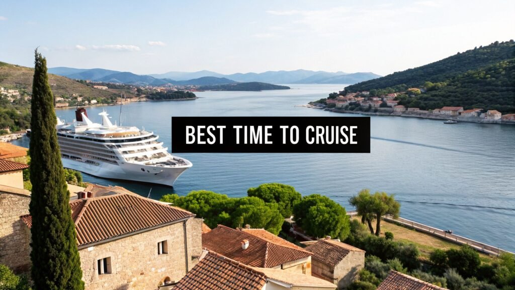 Cruise ship sailing past a coastal European town and islands, illustrating the best time to cruise Europe for calm seas and clear views.