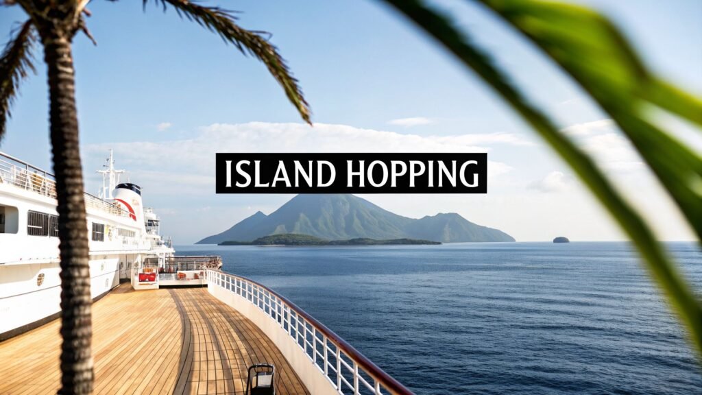 Cruise ship deck overlooking calm ocean water and a volcanic island with “Island Hopping” text, illustrating hawaiian island hopping cruises.