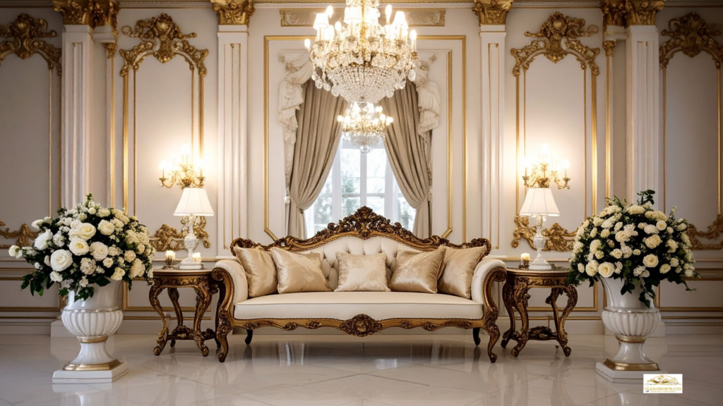Luxury hotel in Paris room with ornate furniture and a huge crystal chandelier in an elegant suite