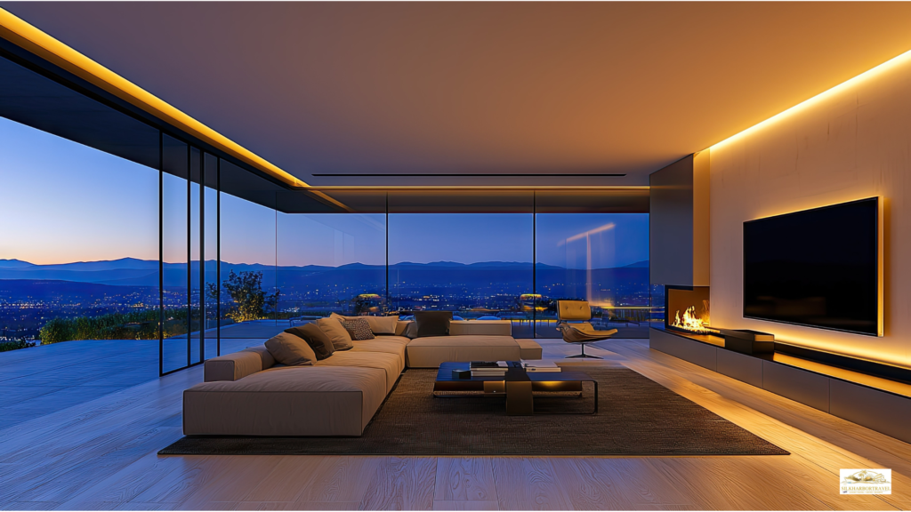 Luxury in Greece suite with glass walls, large TV and sofa, overlooking trees and a city skyline at sunset