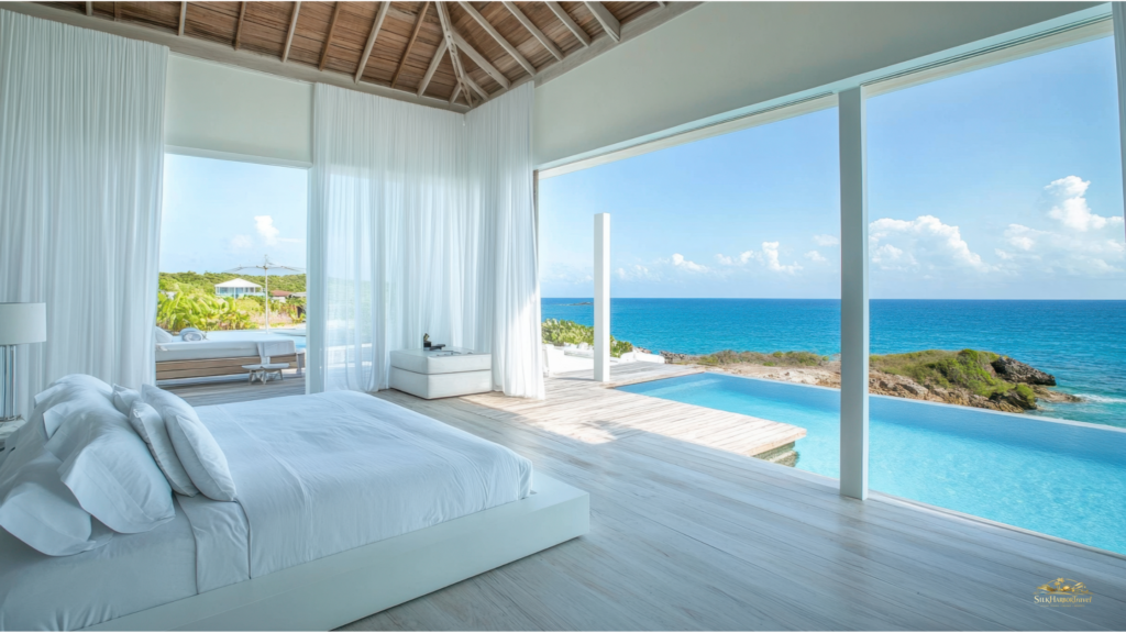Luxury tour operators showcase an all-white luxury bedroom suite with a private pool and panoramic ocean view.