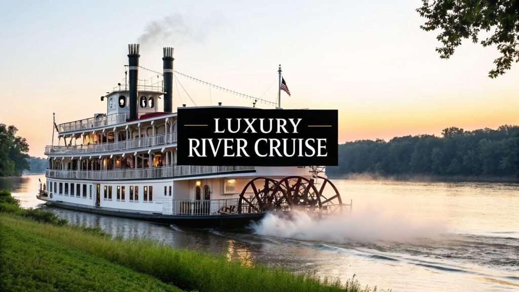 Mississippi river boat cruise paddlewheel riverboat sailing at sunset with mist on the water and a luxury river cruise sign