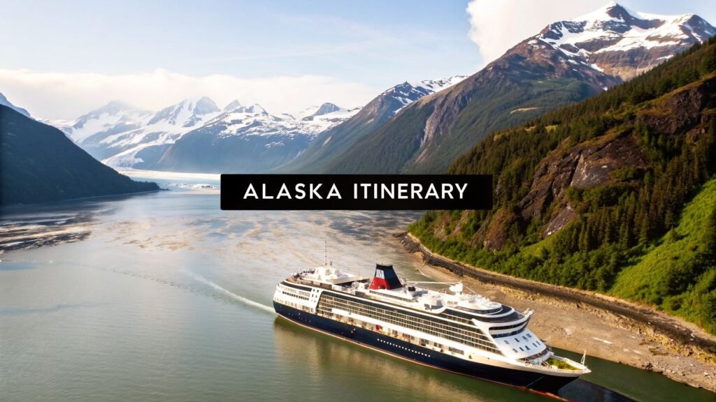 Luxury cruise ship sailing through glacier-filled waters and mountain landscapes for an Alaska trip itinerary
