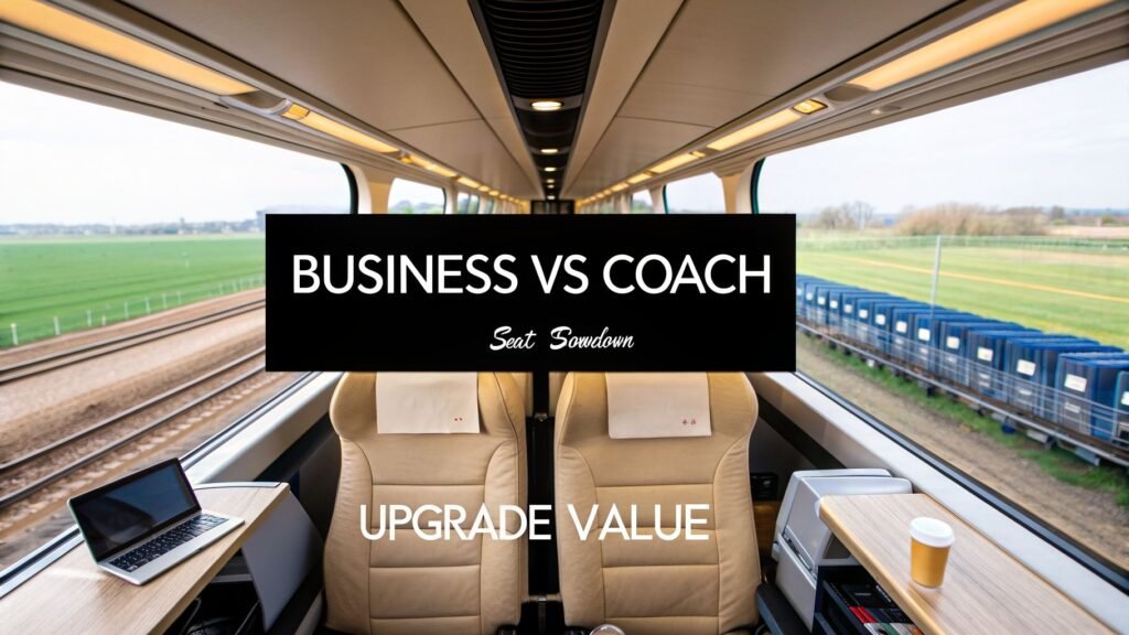 Amtrak business vs coach seat comparison in a train cabin with two premium seats, tables, and “Business vs Coach” text overlay