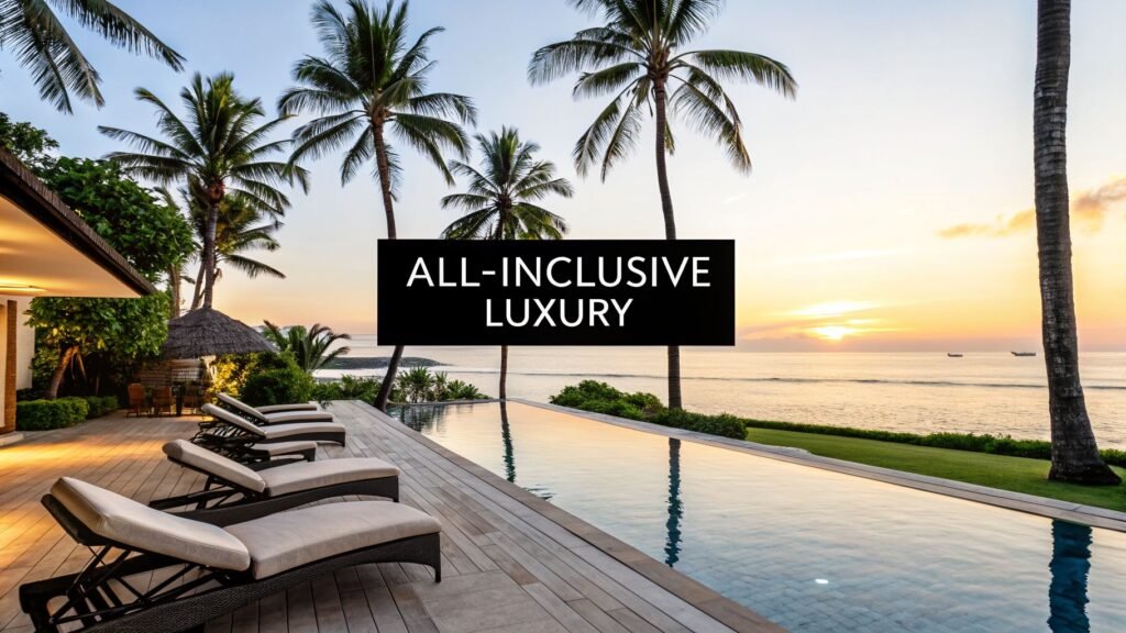 Best all inclusive luxury resorts with beachfront infinity pool, palm trees, and sunset ocean views