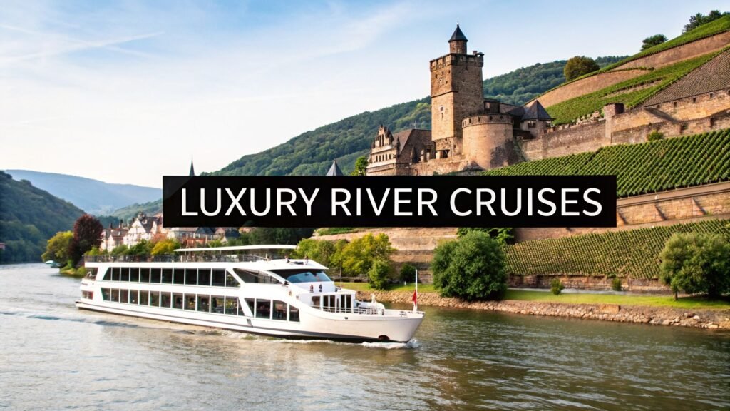 Luxury river cruise ship sailing past vineyards and a historic hillside castle, representing some of the best Europe river cruises.