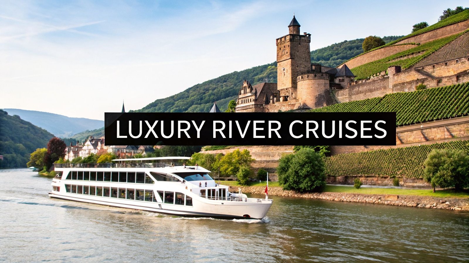Luxury river cruise ship sailing past vineyards and a historic hillside castle, representing some of the best Europe river cruises.
