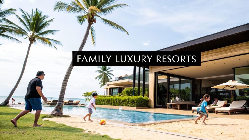 Family enjoying a tropical beachfront villa and pool, illustrating the best family luxury resorts for upscale family vacations