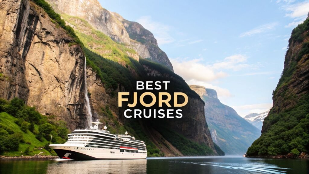 Cruise ship sailing through a dramatic mountain fjord with waterfalls, showcasing the best fjord cruises norway for unforgettable scenic travel.
