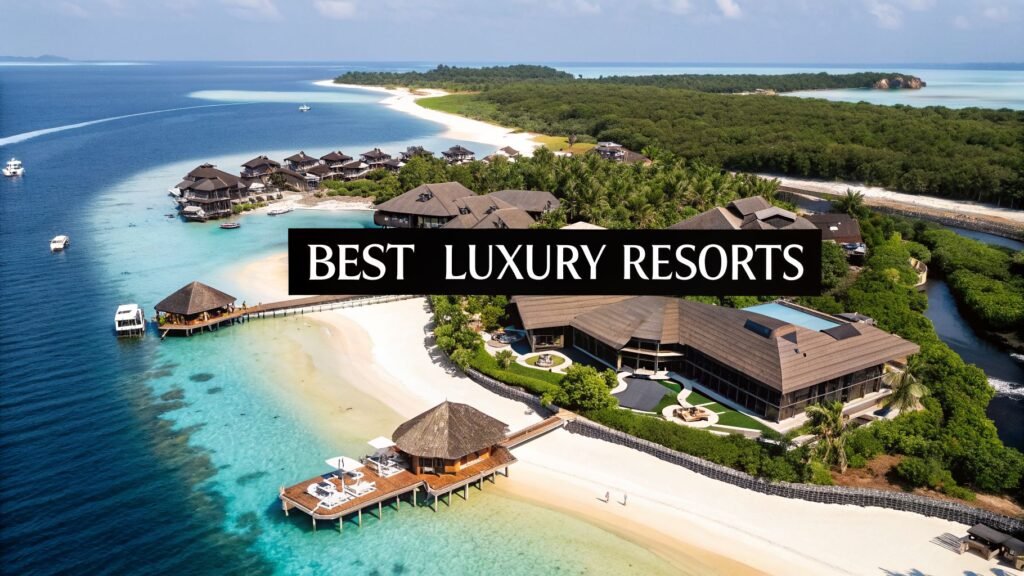 Aerial view of a tropical island resort with villas, white sand beaches, and turquoise water, showcasing the best luxury resorts in the world.