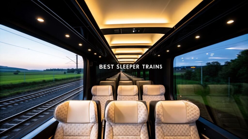 Best sleeper trains in Europe interior with comfortable seats, warm lighting, and countryside views through large windows