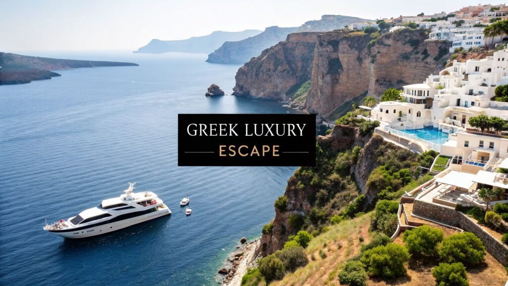 Luxury yacht below dramatic cliffs and whitewashed villas in Santorini, showing the best time to visit greek islands for an upscale coastal getaway.
