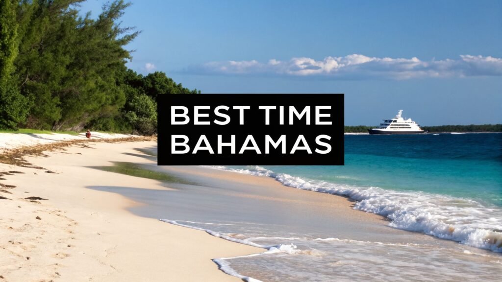 A sunny Bahamas beach with white sand, turquoise water, and a yacht offshore, highlighting why the best time to visit the Bahamas is during clear, calm weather.