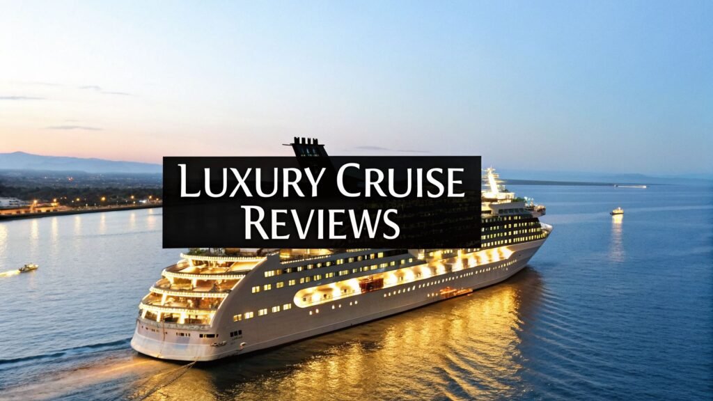 Luxury cruise ship sailing at sunset, illustrating cruise lines reviews for upscale ocean travel and ship comparisons.