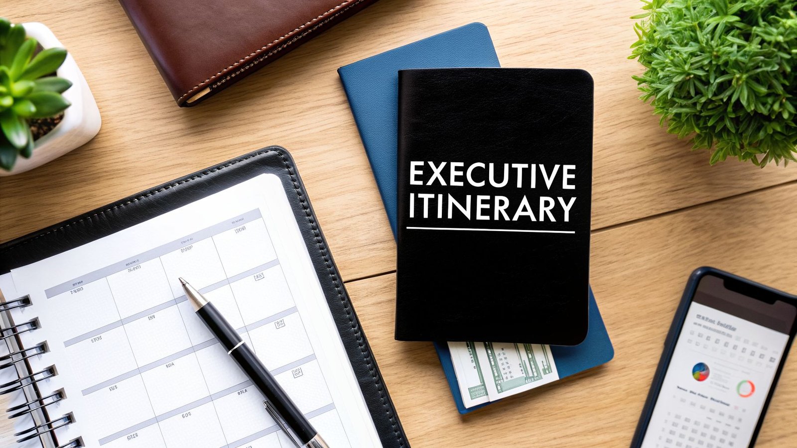 Executive desk setup with a planner, pen, passport, phone, and travel notebook, representing an executive travel itinerary template for smooth trip planning.