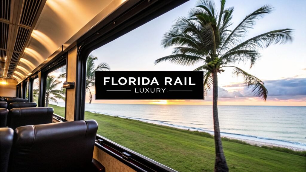 Luxury train interior on Florida train routes with leather seats and large windows overlooking palm trees and the ocean at sunset