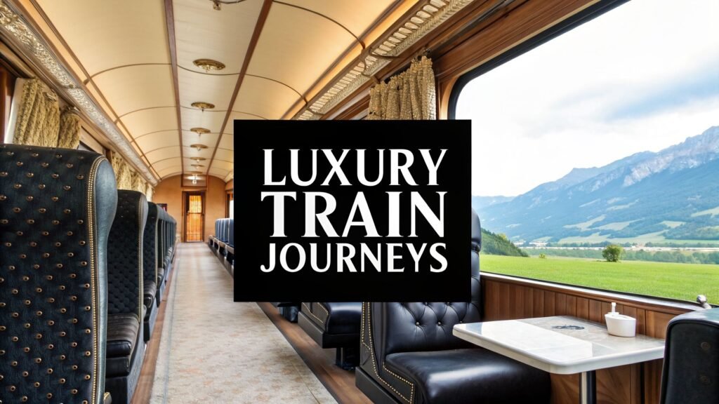 Luxury train journeys Europe inside a high-end train carriage with plush seating, table service, and panoramic mountain views