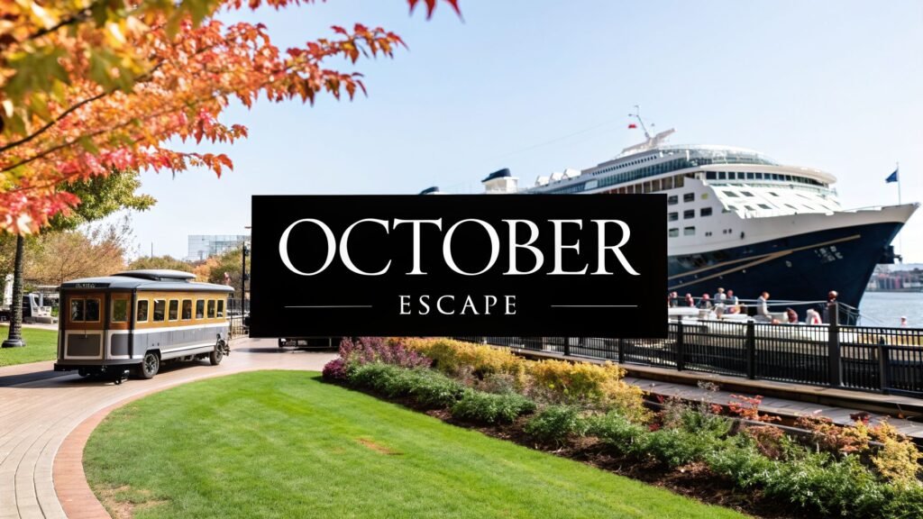 Luxury cruise ship and autumn waterfront scene highlighting places to visit in october for a seasonal getaway