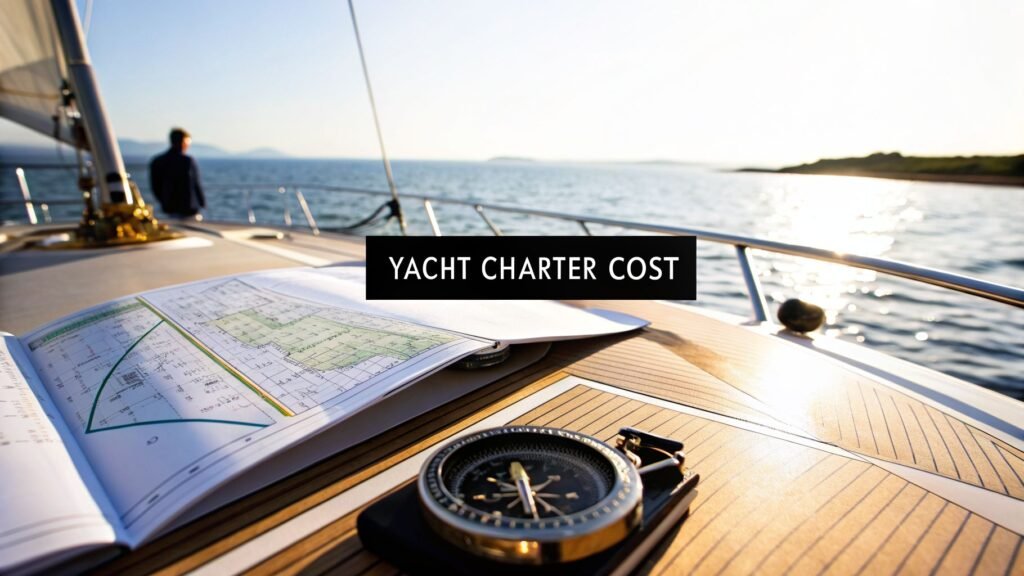 Private yacht charter cost concept shown on a yacht deck with a navigation chart and compass, with “Yacht Charter Cost” text overlay and ocean views.