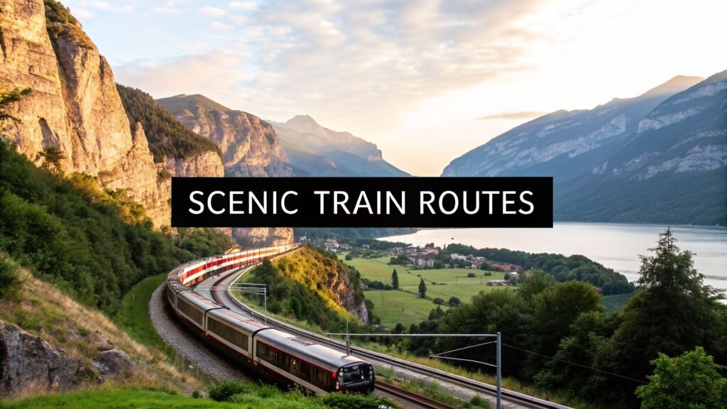 Scenic train routes Europe with a passenger train curving along a lakeside track through a dramatic mountain valley at sunset