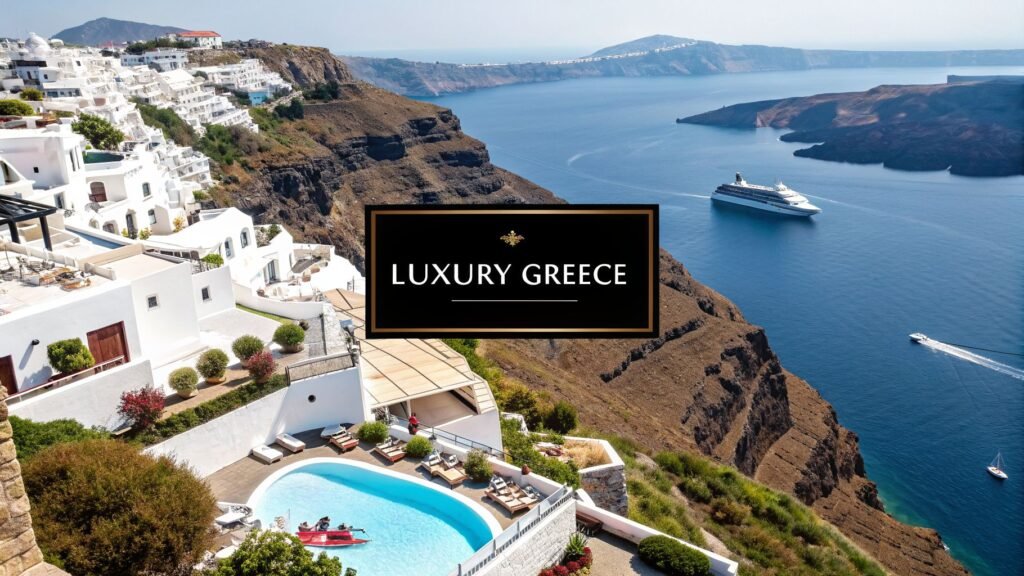 Cliffside luxury resort overlooking the Aegean Sea and caldera, showcasing a dream vacation in Greece with iconic island views.
