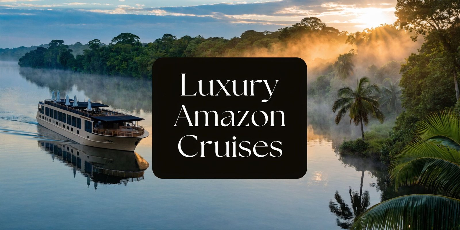 Luxury river cruise ship sailing through misty rainforest waters, illustrating amazon river cruises and high-end exploration in the Amazon