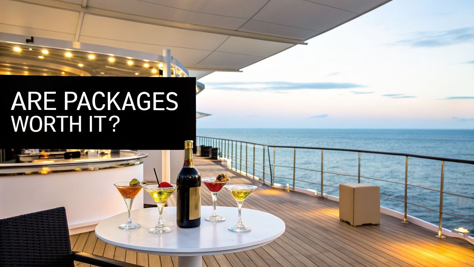Cocktails and wine on a luxury cruise deck at sunset, illustrating are cruise drink packages worth it for upscale travelers at sea