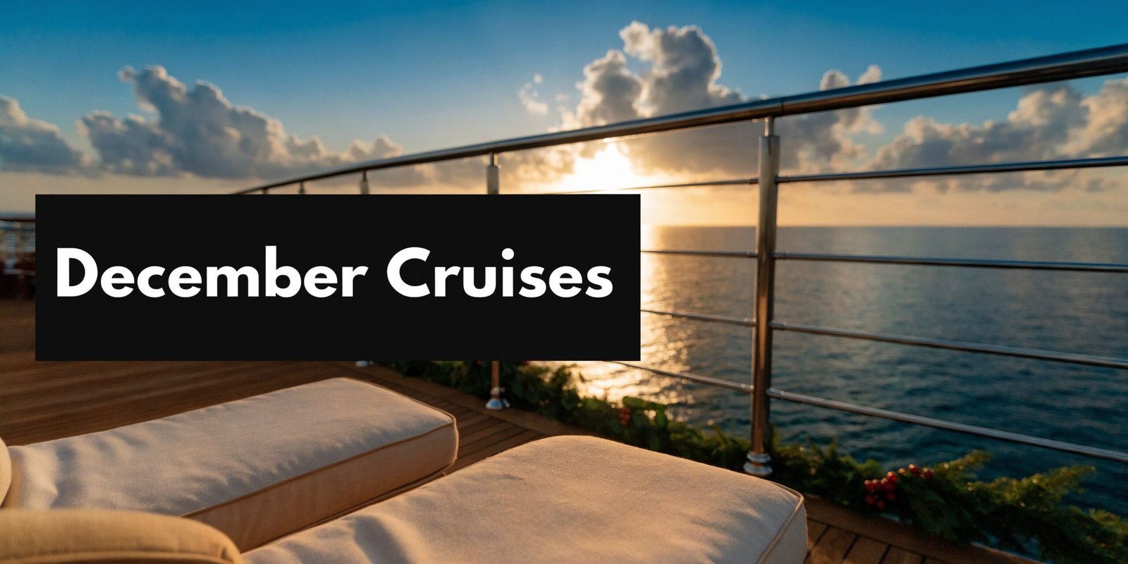 Luxury cruise deck at sunset overlooking the ocean, illustrating the best cruises in December for warm-weather escapes and refined sea days