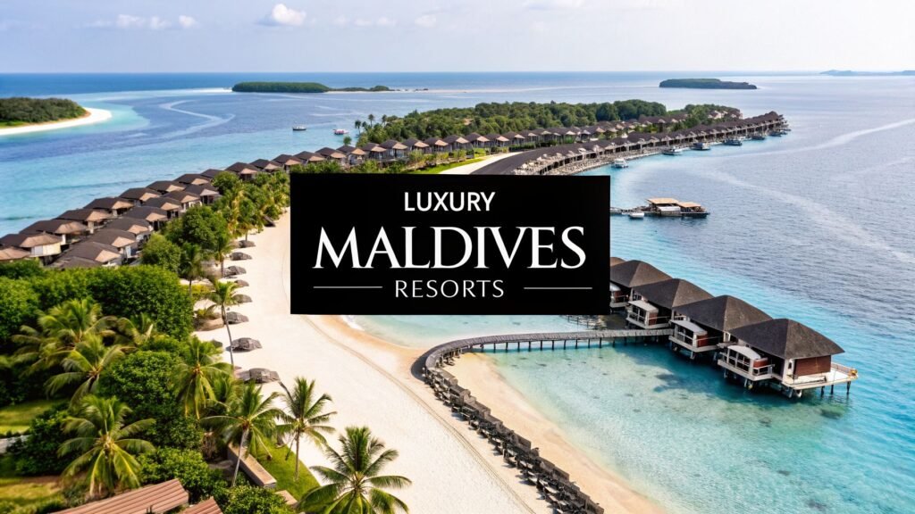 Best luxury resorts in Maldives aerial view with overwater villas, white sand beach, and turquoise lagoon