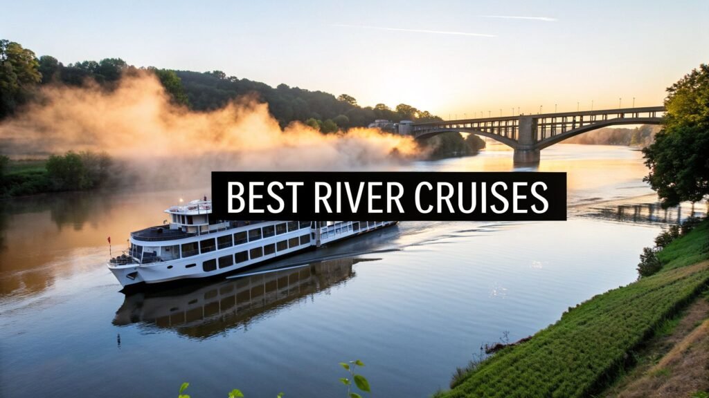 Riverboat sailing on a calm waterway at sunrise, illustrating the relaxed scenery travelers seek when researching the best river cruises in USA.