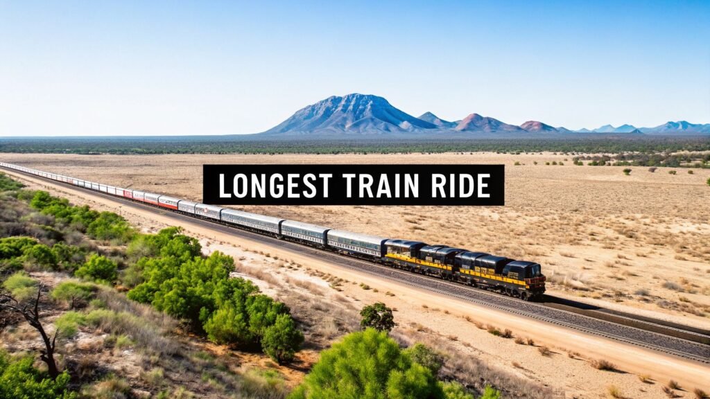 Longest train ride concept showing a long passenger train crossing a desert landscape with distant mountains