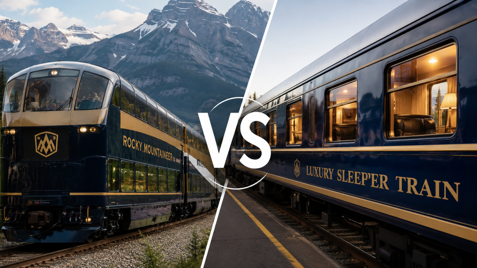 Rocky Mountaineer vs luxury sleeper train comparison with scenic mountain views and elegant overnight train interior