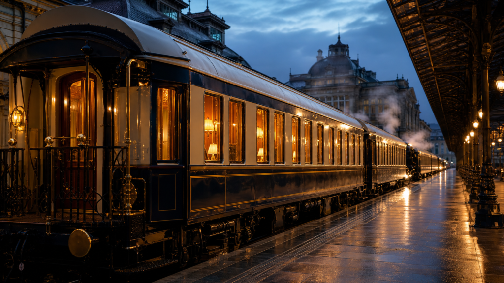 Heritage sleeper train at a grand European station for Orient Express style train trips