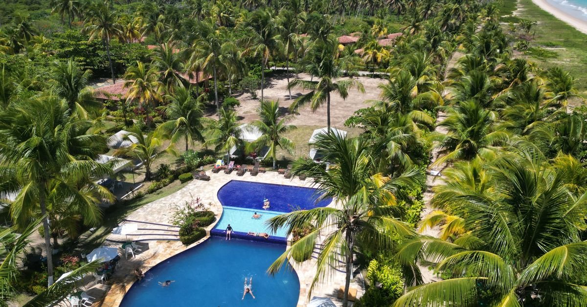 Resort pool framed by palms looking out to the Indian Ocean
