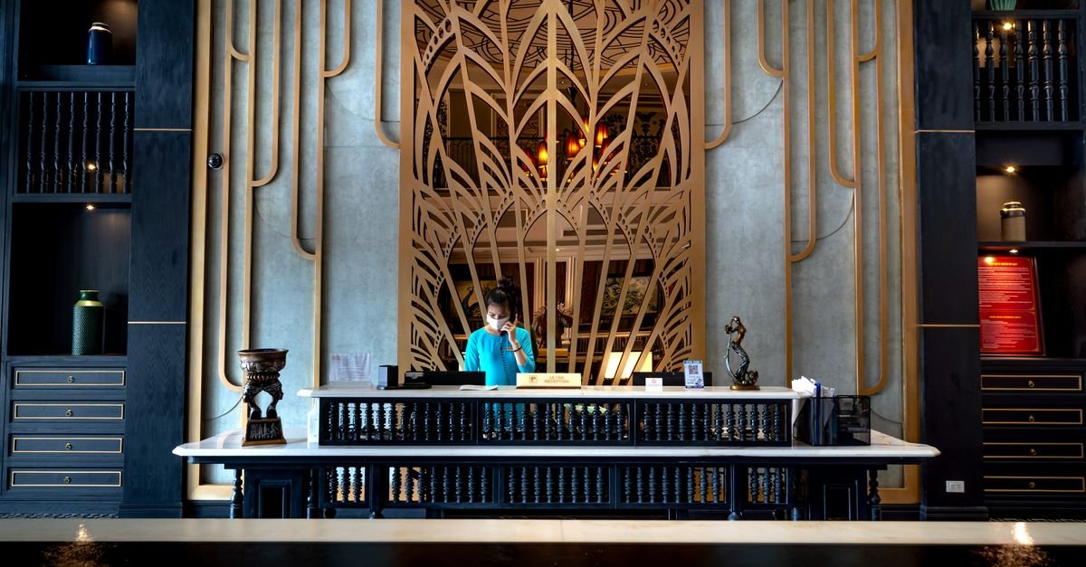 A hotel concierge desk in a quiet lobby